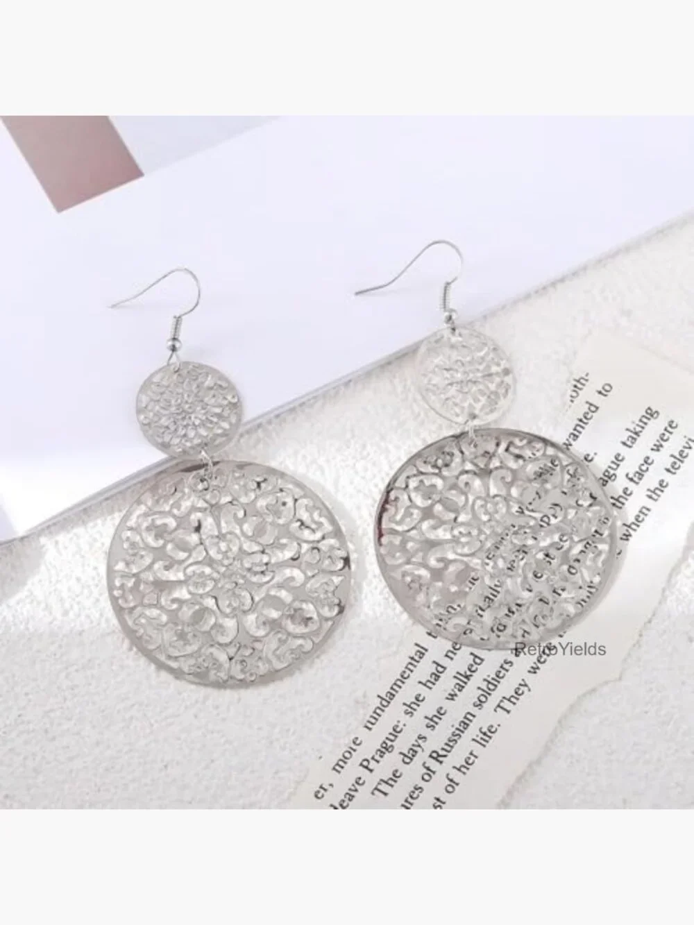 Boho Filigree Geometric Dangle Drop Earrings for Women, Double Round Disc